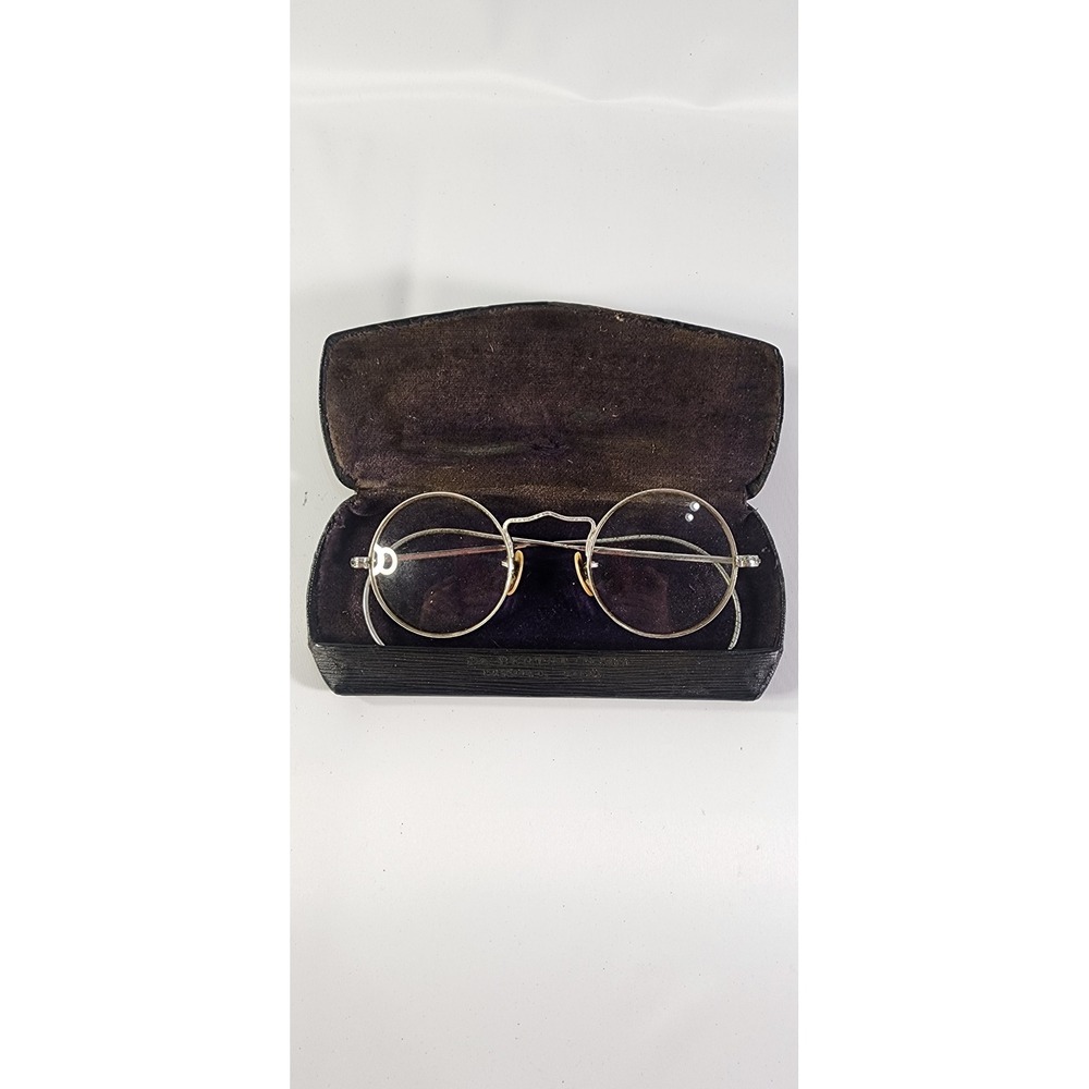 Antique Round Wire Rim Spectacles Silver Tone Cable Temple Glasses with Case